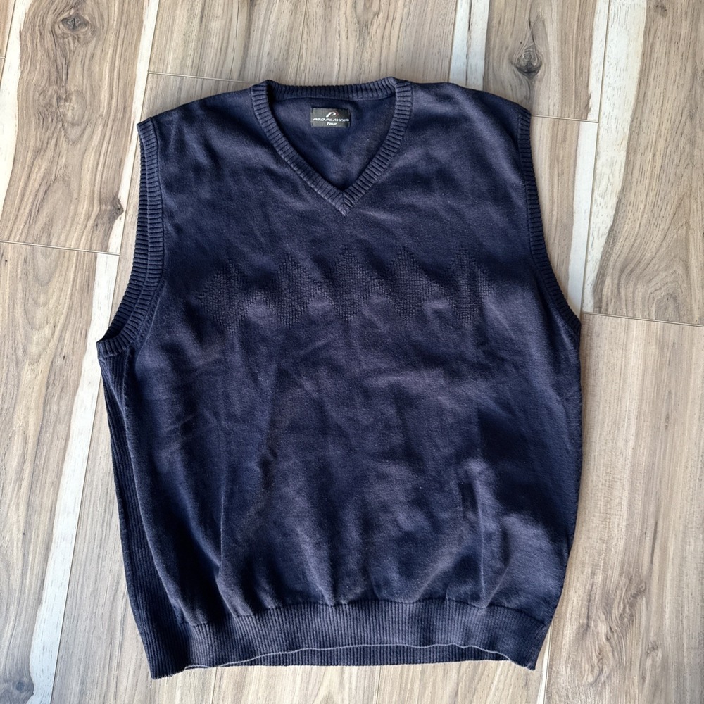 ProPlayer Tour Mens Sweater Vest Large L Navy Blue Diamond Pattern‎ V Neck Knit